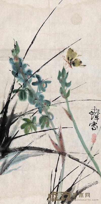 程十发 花蝶图 镜心 68×34cm