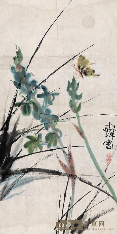 程十发 花蝶图 镜心 68×34cm