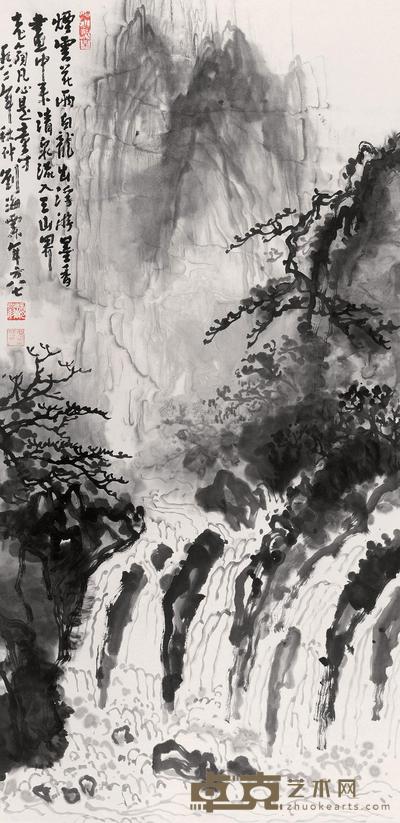 刘海粟 1982年作 烟云花雨 立轴 137×68cm