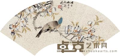 花元 桃花幽禽图 扇面 18×50cm