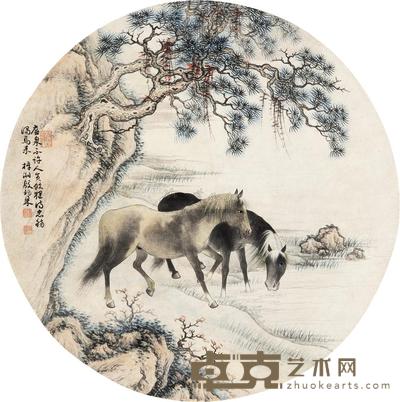 殷梓湘 松下立马图 立轴 直径39cm