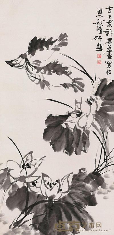 许麟庐 荷塘双鱼 立轴 133×65cm