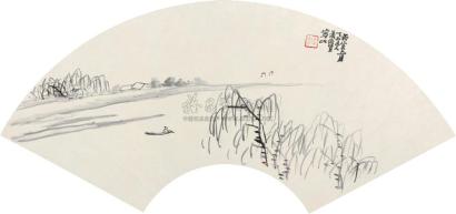 萧俊贤 1926年作 柳溪泛舟 扇面