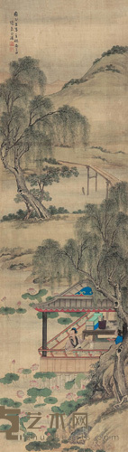 张奇 1727年作 莲池幽阁 立轴 146×42cm