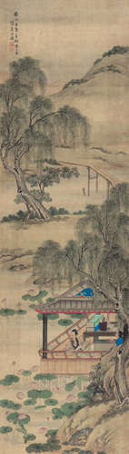 张奇 1727年作 莲池幽阁 立轴