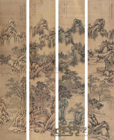 杨锟 1830年作 山水  四屏 113×21cm×4