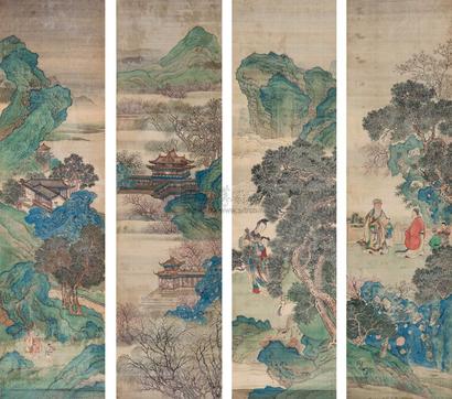 仇英 （款） 1547年作 山水人物  四屏