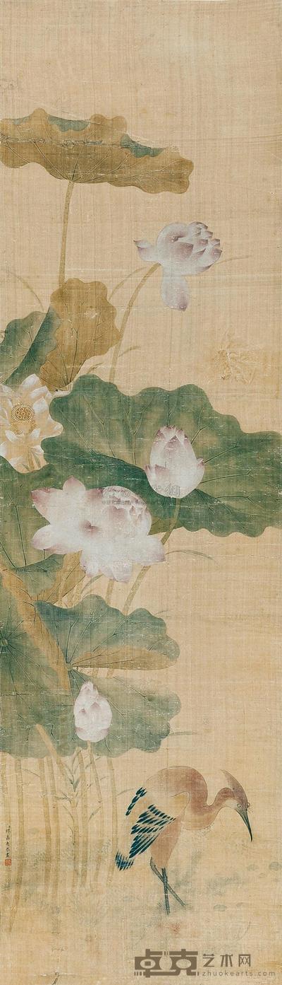 缪嘉惠 荷花翠鸟 立轴 148×42cm