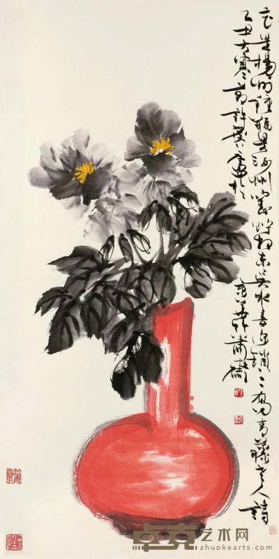 许麟庐 1985年作 瓶花 镜框 135×67cm