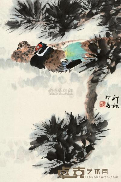 萧朗 青柏山鹞图 立轴 68×45cm