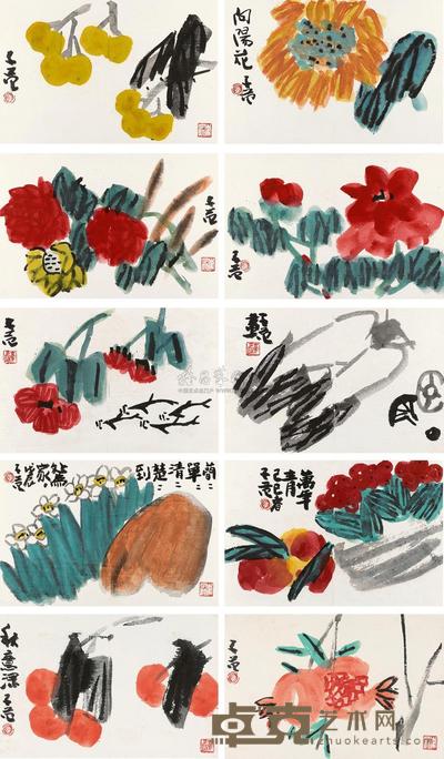 崔子范 1988年作 蔬果册 镜心 （十开） 30.5×45.5cm×10