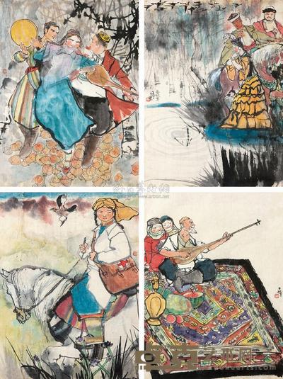 程十发 1962年作 新疆人物 (四帧) 镱框 47×34cm×4