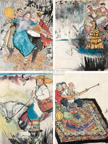 程十发 1962年作 新疆人物 （四帧） 镱框