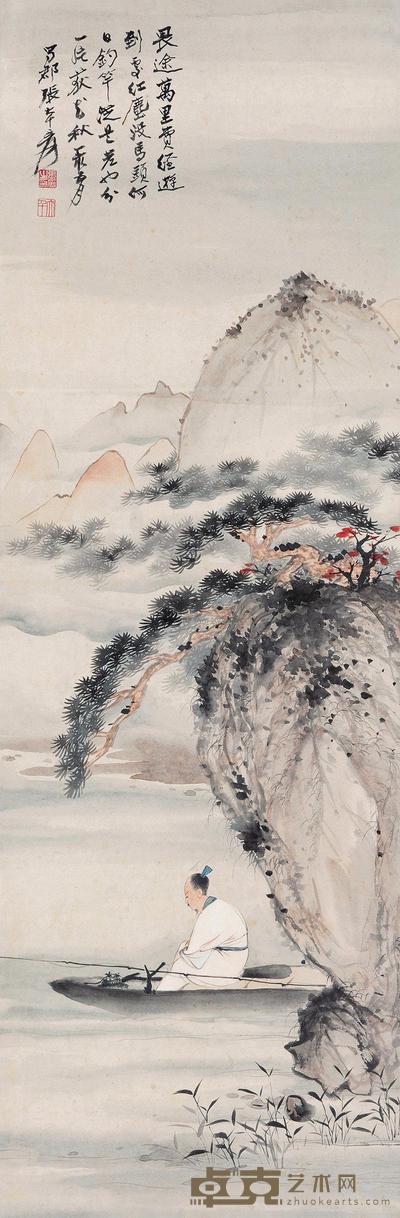 张大千 1947年作 临江独钓 镜心 99×32cm