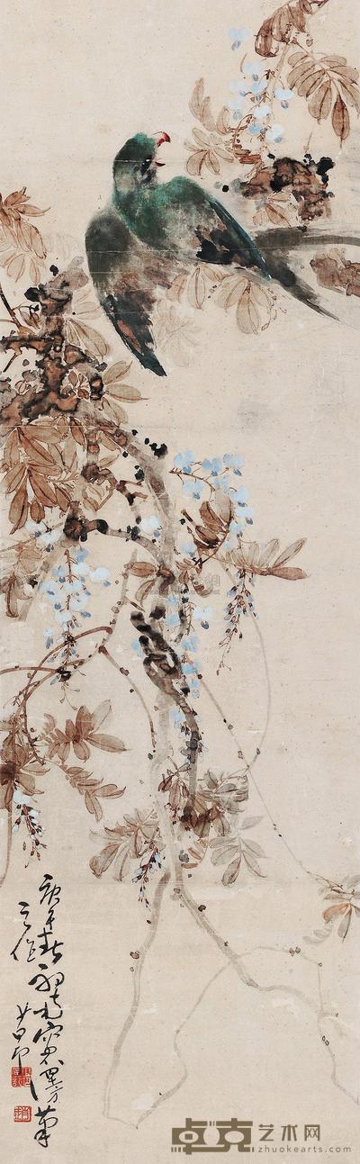 赵少昂 1930年作 藤花鹦鹉 立轴 112×34cm