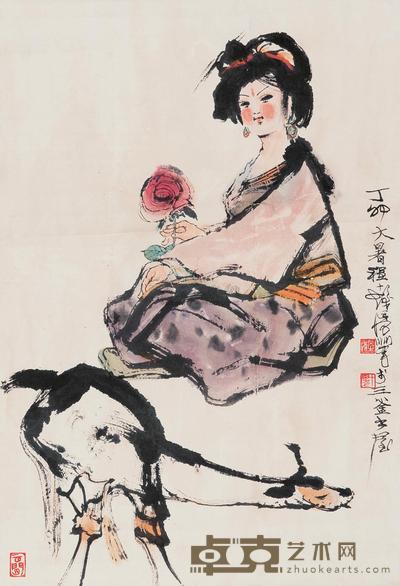 程十发 1987年作 少女与鹿 立轴 67×45cm