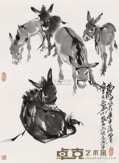 黄胄 1980年作 群驴图 立轴 68×50cm