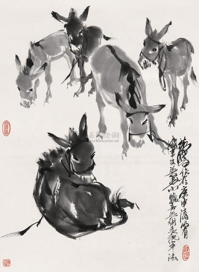 黄胄 1980年作 群驴图 立轴
