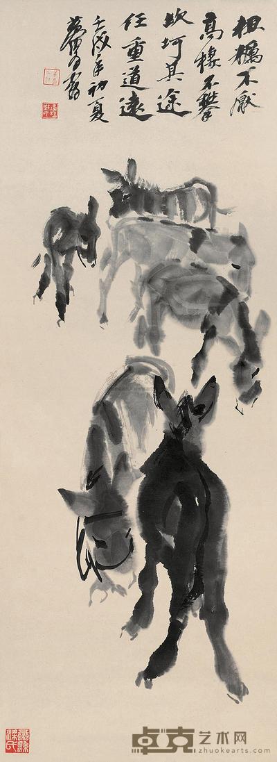 黄胄 1982年作 群驴图 立轴 91×33.6cm