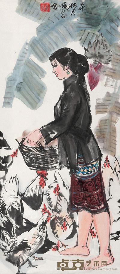 黄胄 1975年作 饲鸡图 立轴 95×42cm