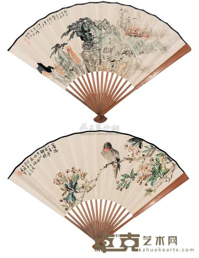 张大千 张煊 秋山策杖·桃花幽禽 成扇 17×46cm×2