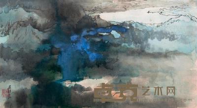张大千 湖山晚色 镜心 31×58cm