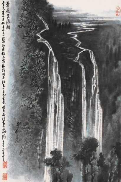 李可染 1983年作 苍岩双瀑图 镜心
