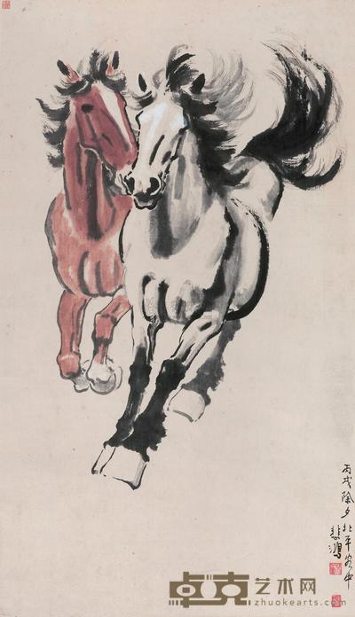 徐悲鸿 1946年作 神驹双游 立轴 109×62cm