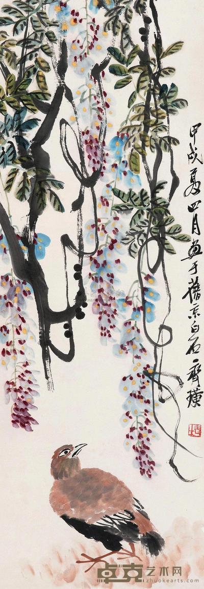 齐白石 1934年作 紫藤小鸟 立轴 94×33cm