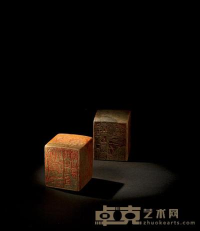1921年作 诗文绘画印 （一对） 5×5×6cm