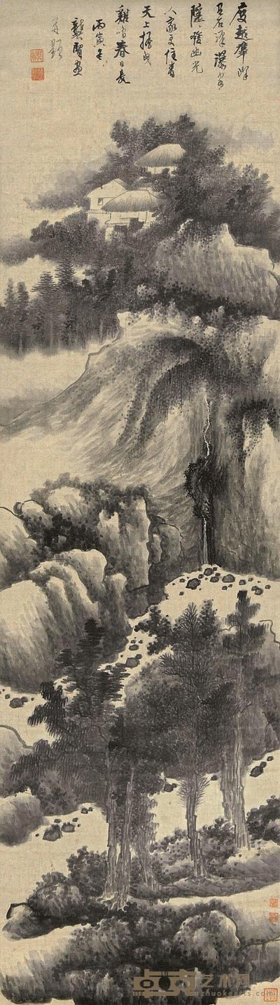 龚贤 群峰石潭图 立轴 171×48cm