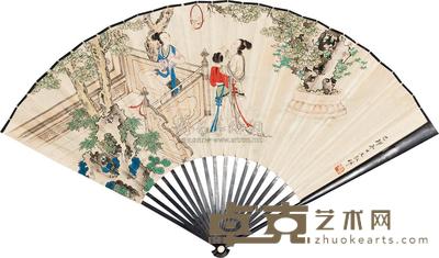 王叔晖 1939年作 庭园春趣 成扇 18×49cm