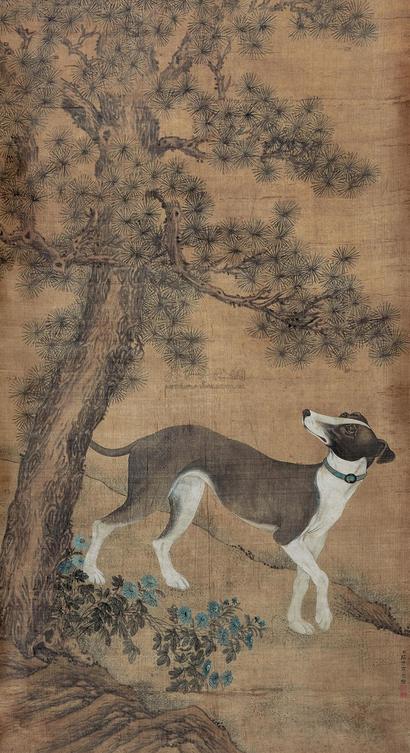 郎世宁 （款） 松下瑞犬 立轴