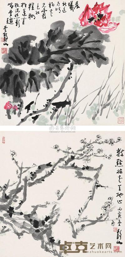 吴静山 1986年作 花卉 （两帧) 立轴 68×68cm×2