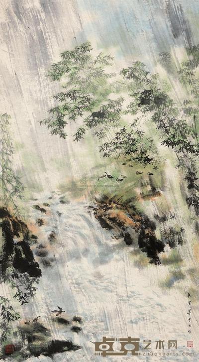 梁中力 2010年作 雨瀑惊雁 镜心 154×85cm