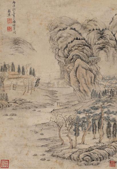 张宏 1646年作 草阁秋意图 镜心