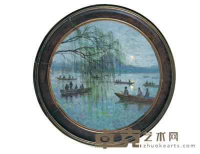 颜文樑 1950年作 日上柳梢 直径34cm