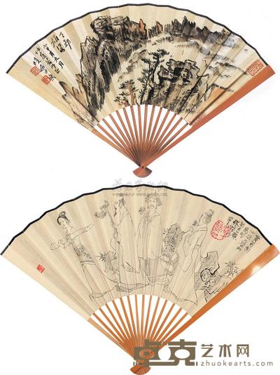 陆俨少 程十发 1983年作 天都雄姿·赏菊图 成扇 18×49cm
