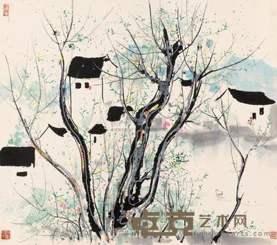 吴冠中 春塘人家 镜心 69×78cm