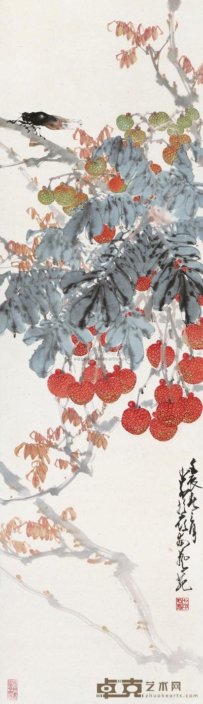 赵少昂 1952年作 荔枝夏蝉 立轴 105×29cm