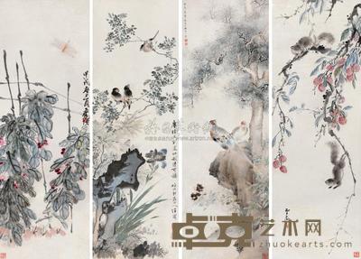 齐白石 汪溶 王雪涛 颜伯龙 1934年作 花卉 四屏 98×33cm×4