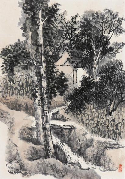 石鲁 村边小屋 镜心