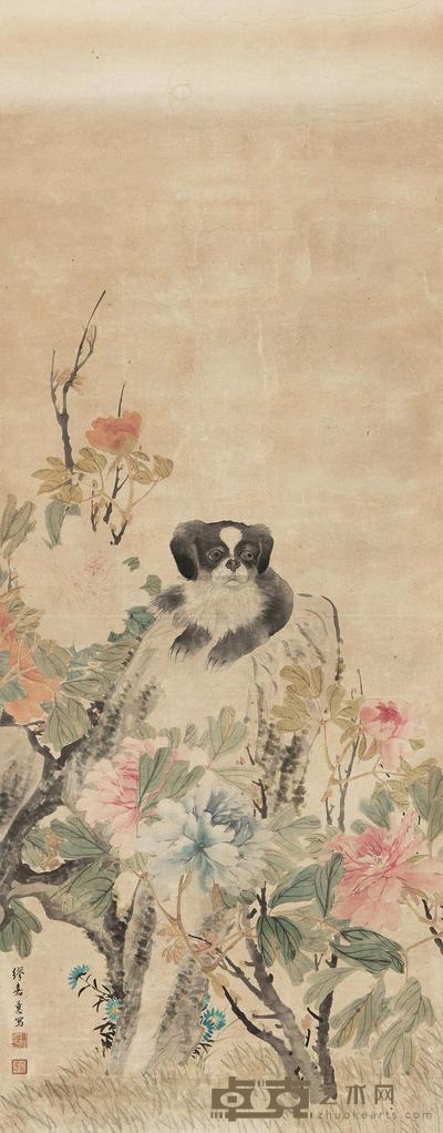 缪嘉惠 富贵犬石图 立轴 129×60cm