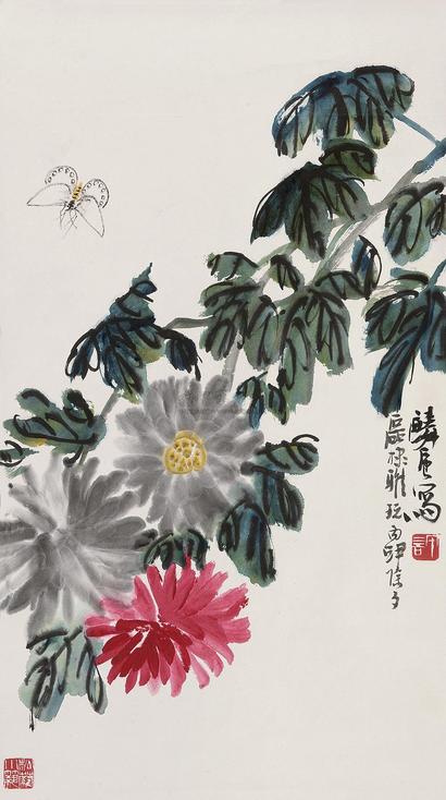 许麟庐 1956年作 菊花蝴蝶 立轴