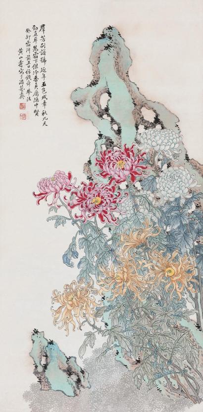 黄山寿 1903年作 菊石图 立轴