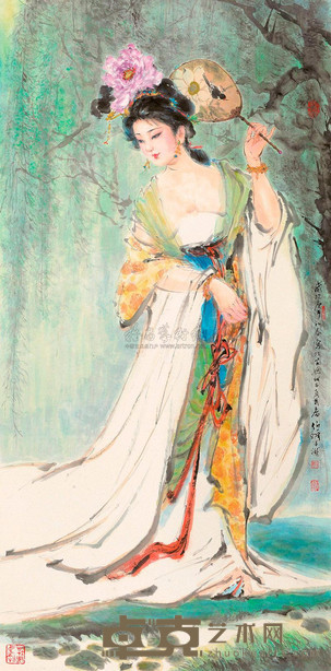 白伯骅 1990年作 执扇仕女 立轴 137×67cm
