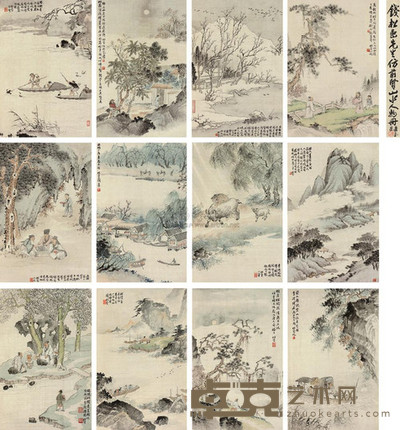 钱松嵒 仿前贤山水人物图册 册页 （十二开） 39×26cm×12