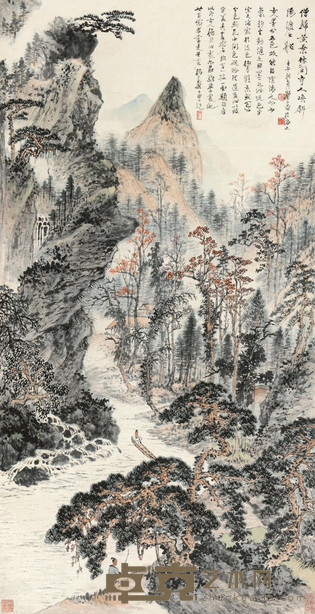 郑午昌 1942年作 僧归黄叶林间寺 立轴 104×53cm