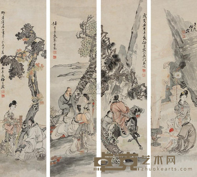 任薰 1878年作 人物 四屏 149×39cm×4