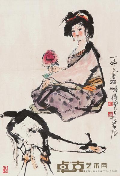 程十发 1987年作 少女与鹿 立轴 67×45cm
